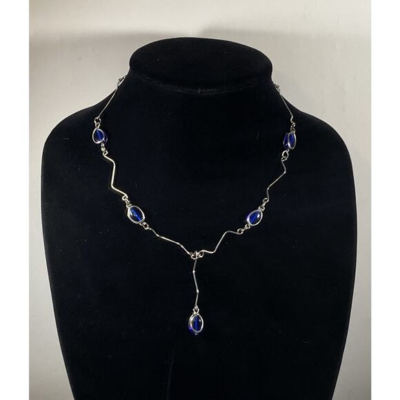 Silver Tone Blue Oval Glass Unique Link Station Necklace Drop Pendant 17 in - Picture 2 of 9